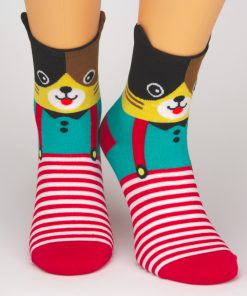 Socken mit Katzenmotiv und rot weißen Streifen