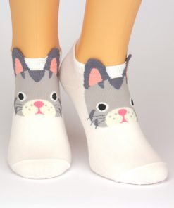 Sneaker Socken weiß mit niedlicher grauer Katze - Tiersocken