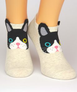beige Sneaker-Socken mit schwarzer Katze als Motiv
