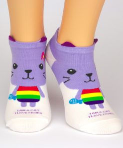 weiße Sneaker Socken mit lila Katze Tiermotiv