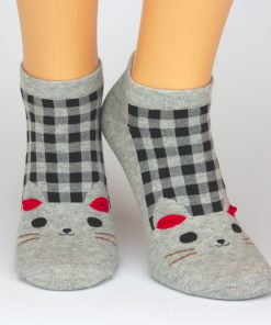 Sneaker Socken in grau mit schwarzen Karos und Katzenmotiv