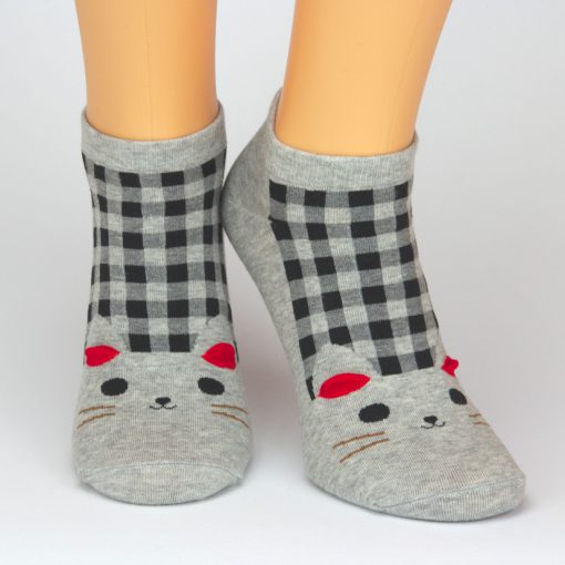 Sneaker Socken in grau mit schwarzen Karos und Katzenmotiv